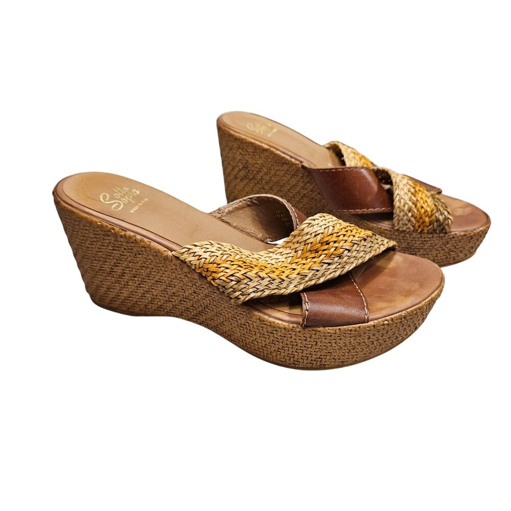 Sotto Sotto Woven Straw &‎ Brown Leather Wedge Sandals Size 38 7 Made In Italy